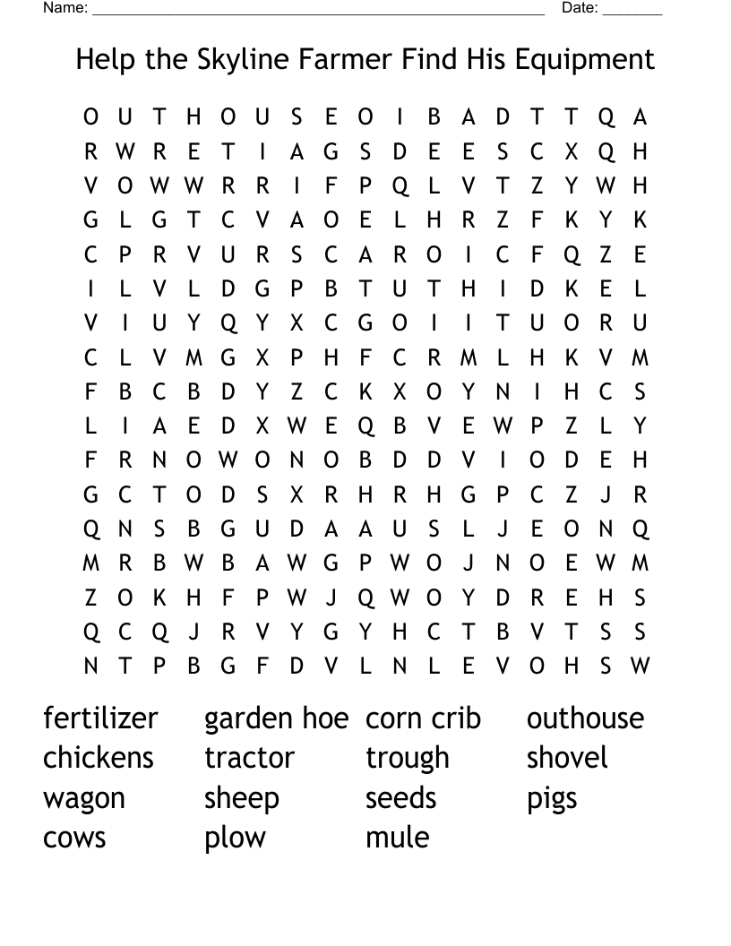 Help the Skyline Farmer Find His Equipment Word Search