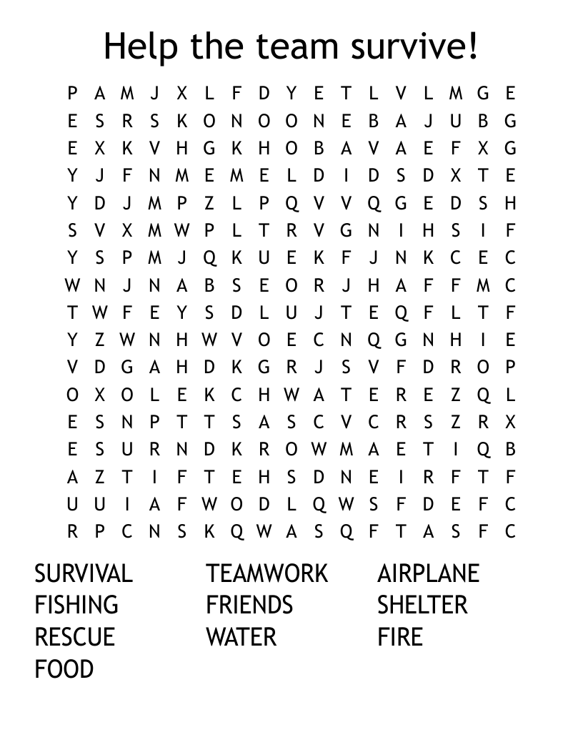 Help the team survive! Word Search
