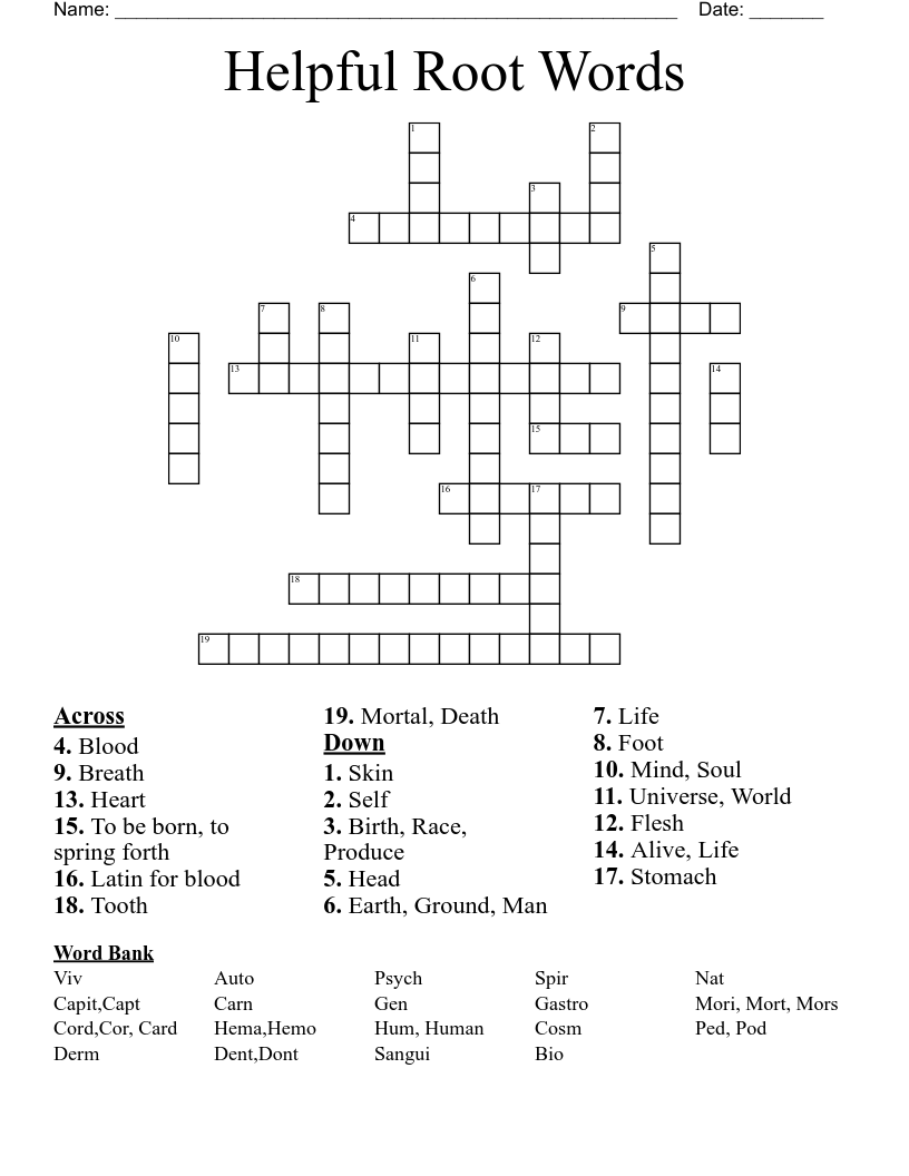 Helpful Root Words Crossword