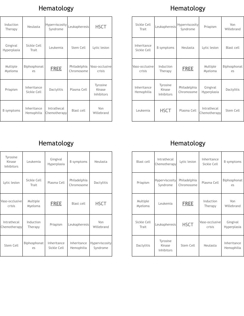 Hematology Bingo Cards
