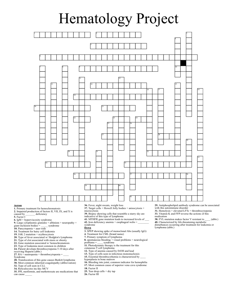 Hematology Project Crossword