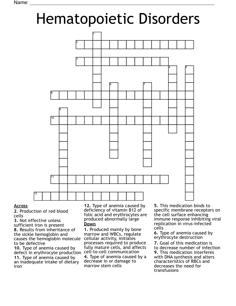 Hematopoietic Disorders  Crossword