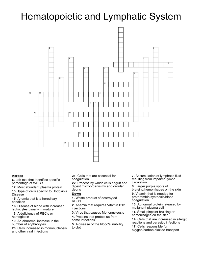 Hematopoietic and Lymphatic System Crossword