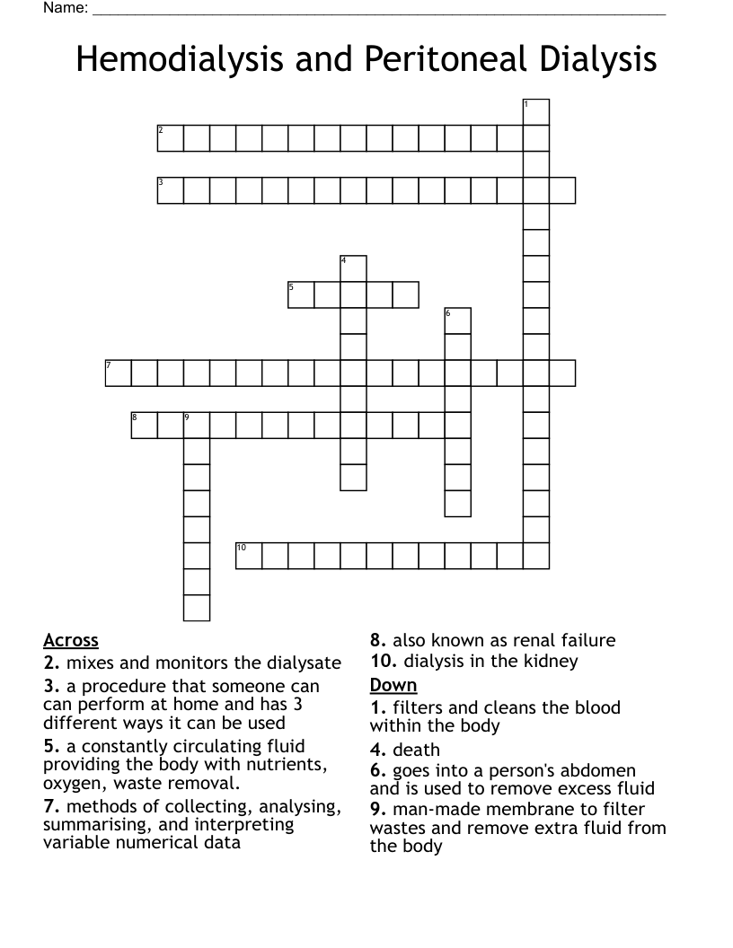 Hemodialysis and Peritoneal Dialysis Crossword