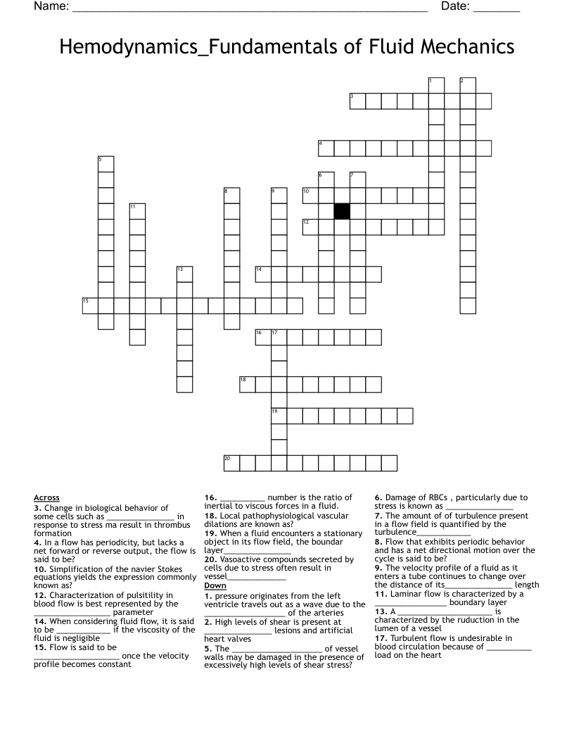 Hemodynamics_Fundamentals of Fluid Mechanics Crossword