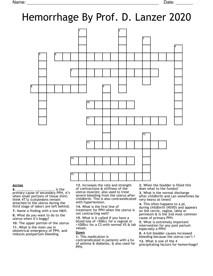 Hemorrhage By Prof. D. Lanzer 2020 Crossword
