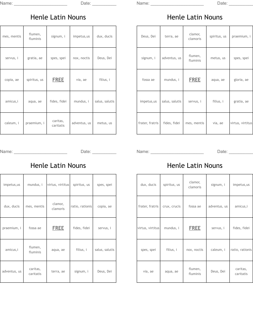 Henle Latin Nouns Bingo Cards
