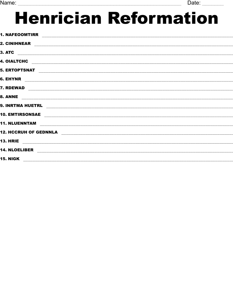 Henrician Reformation  Word Scramble