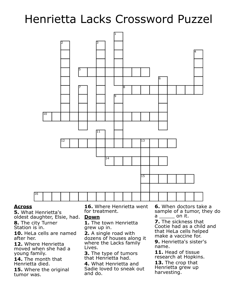 Henrietta Lacks Crossword Puzzel