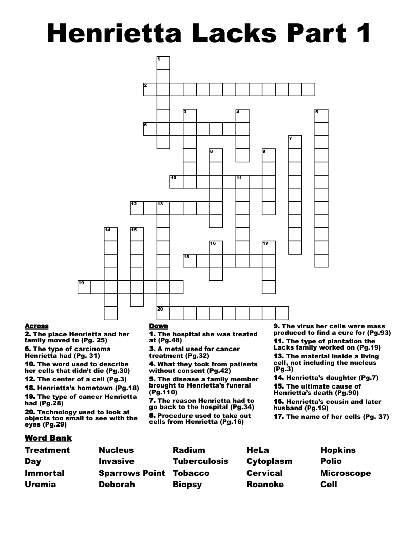 Henrietta Lacks Part 1 Crossword