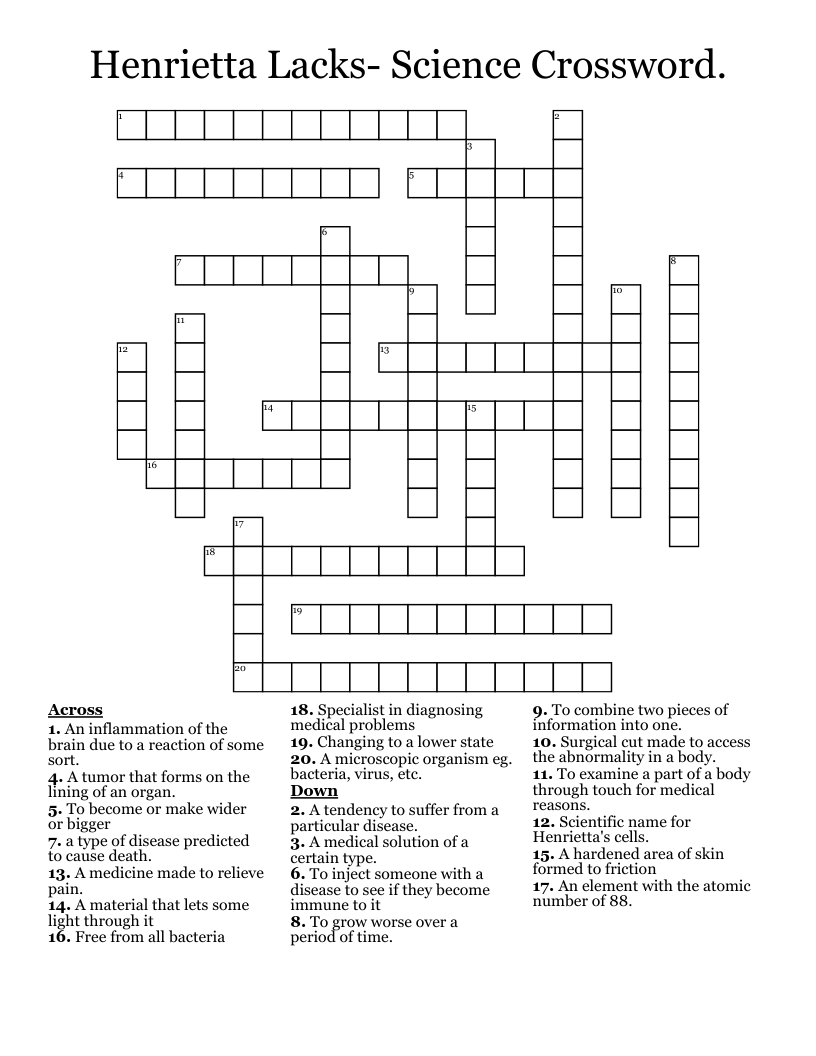 Henrietta Lacks- Science Crossword. 