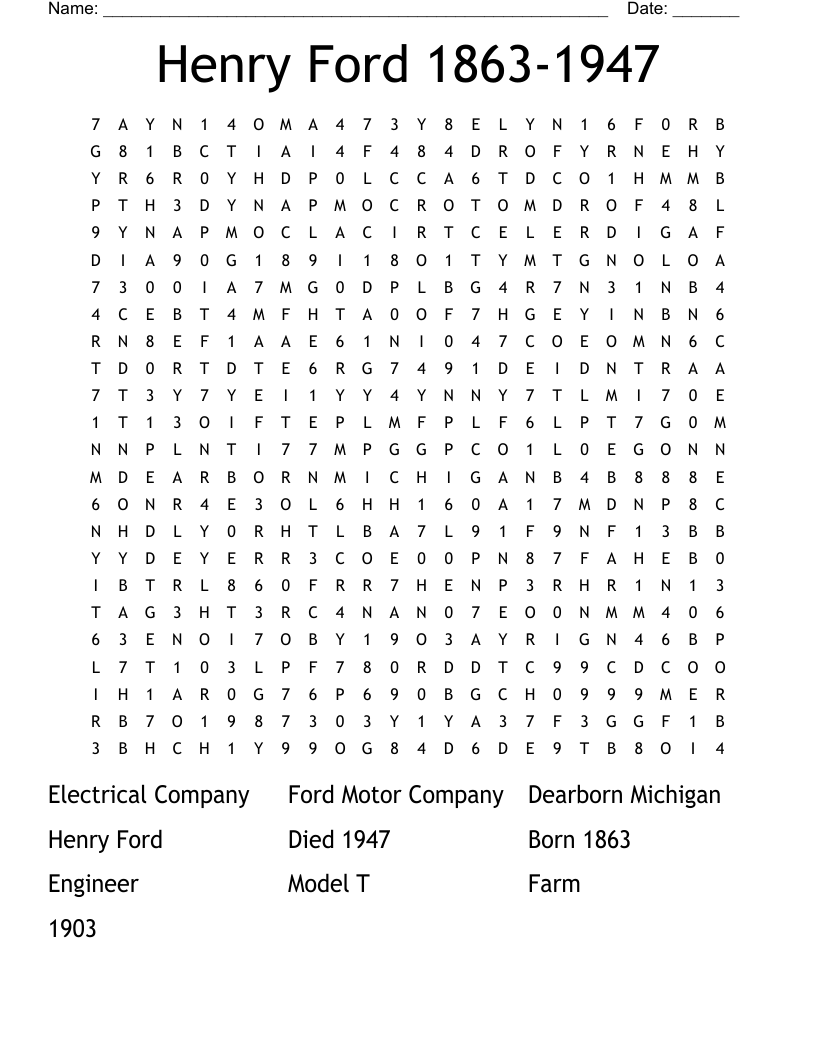 Henry Ford 1863-1947 Word Search