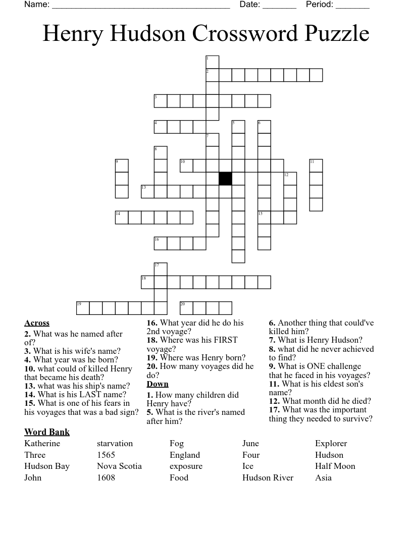 Henry Hudson Crossword Puzzle