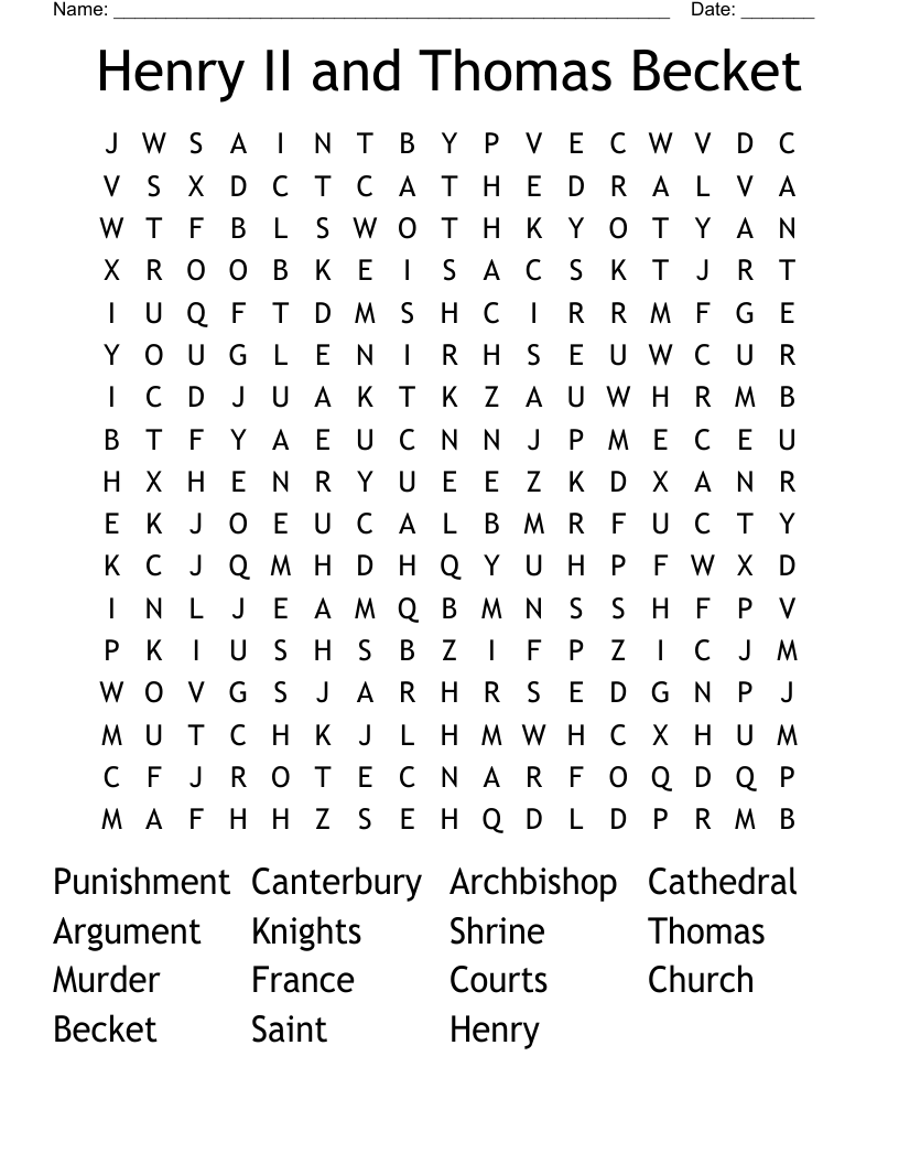 Henry II and Thomas Becket Word Search