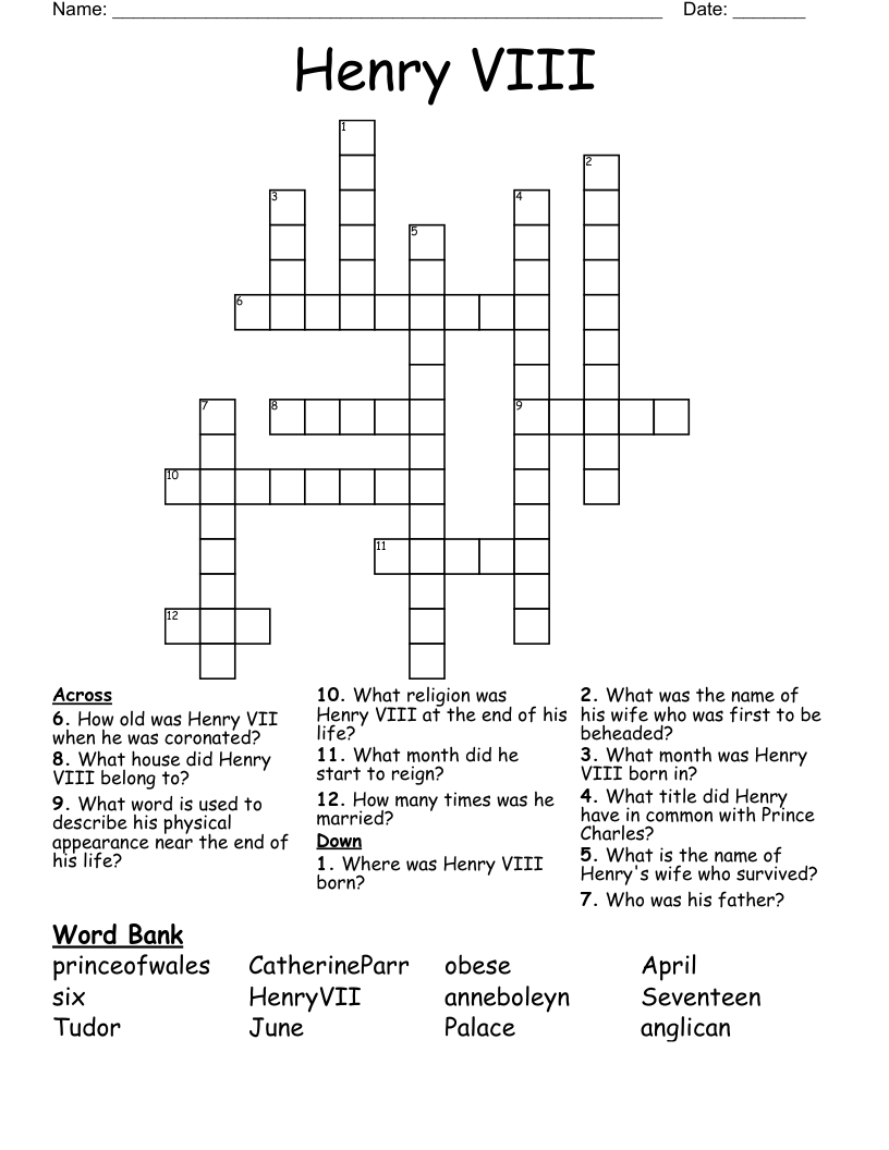 Henry VIII Crossword
