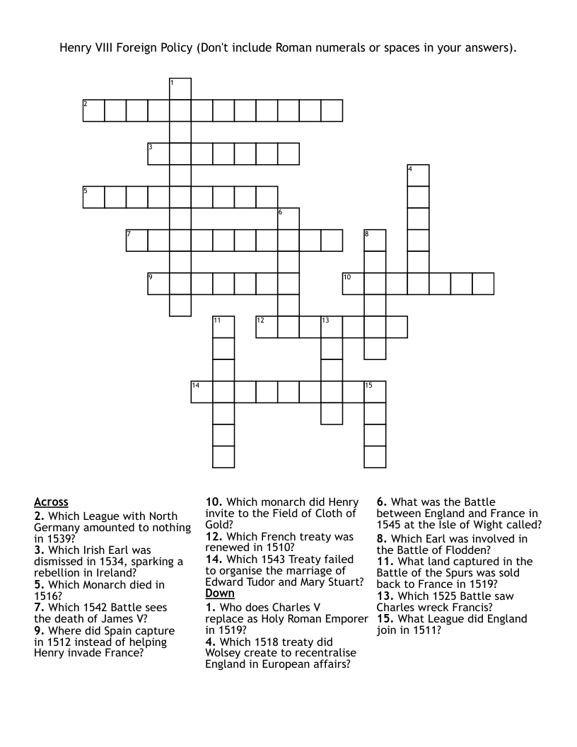Henry VIII Foreign Policy (Don't include Roman numerals or spaces in your answers). Crossword