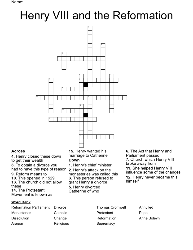 Henry VIII and the Reformation Crossword
