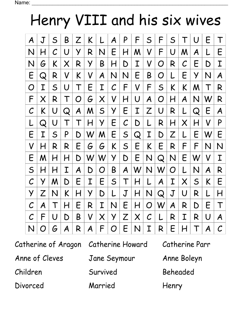 Henry  VIII and his six wives  Word Search