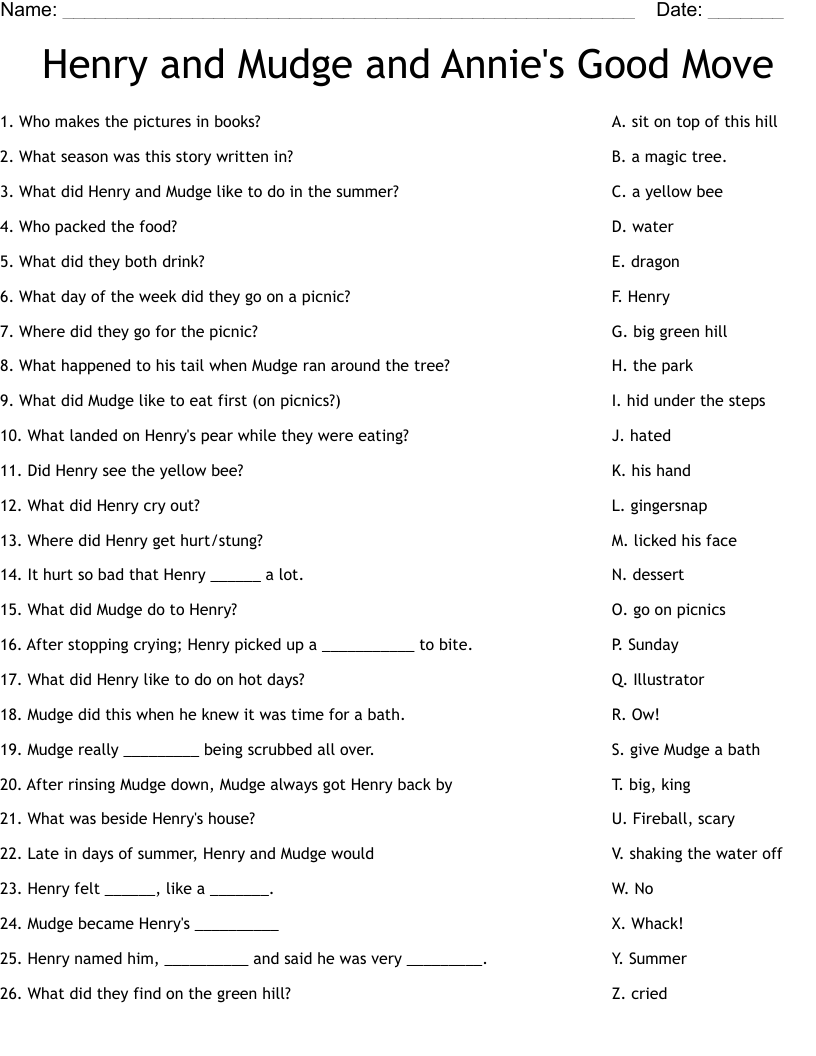 Henry and Mudge and Annie's Good Move Worksheet
