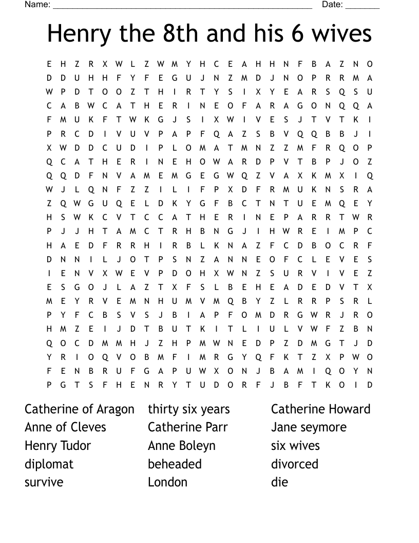 Henry the 8th and his 6 wives  Word Search