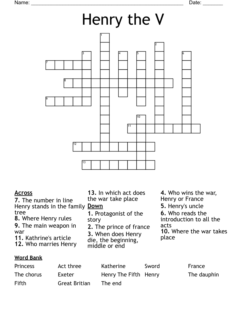 Henry the V Crossword