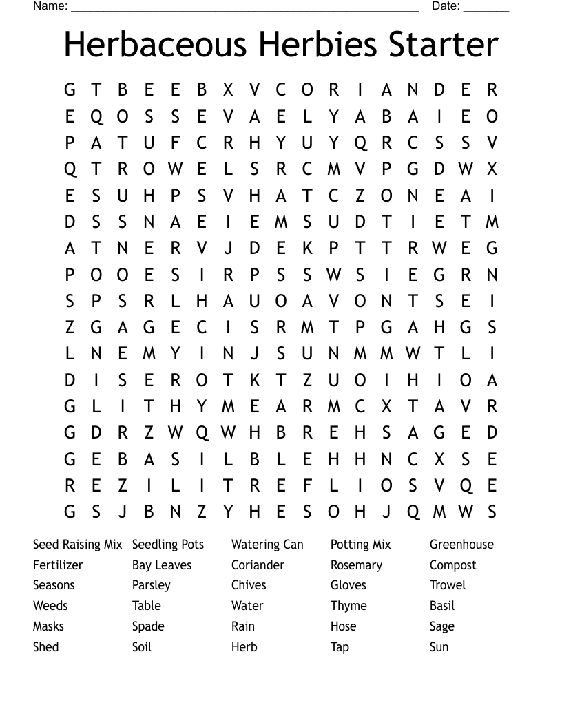 Herbaceous Herbies Starter Word Search