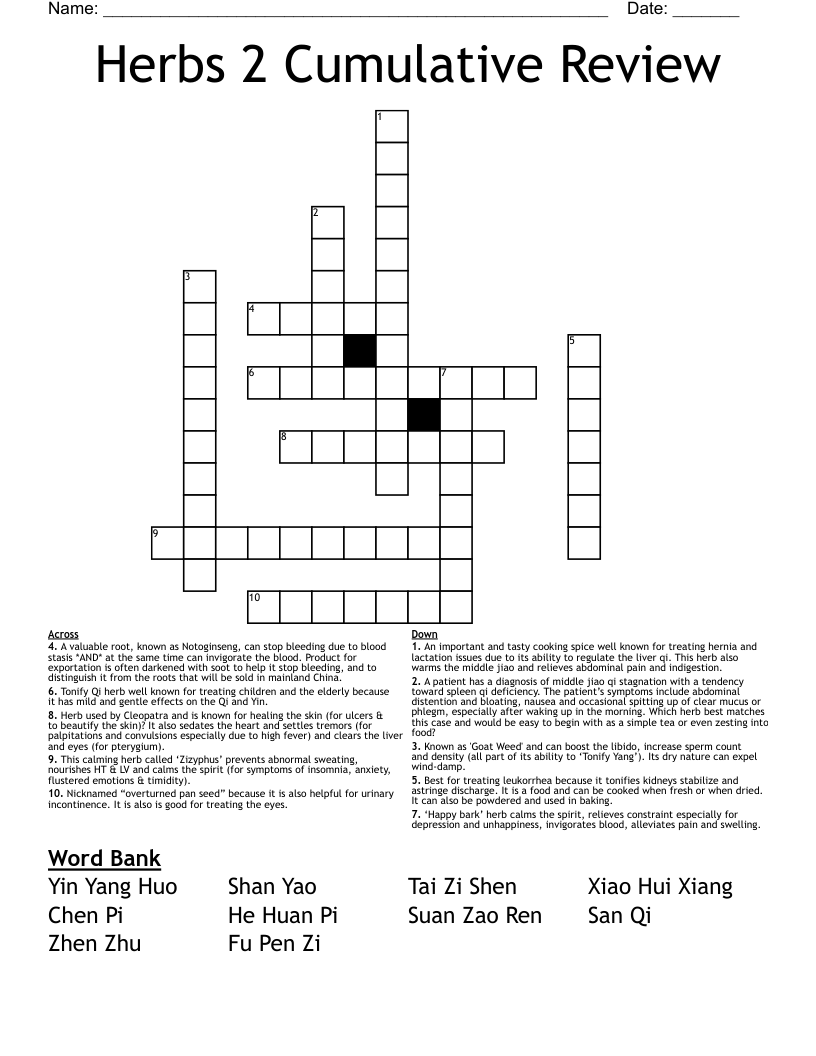 Herbs 2 Cumulative Review Crossword