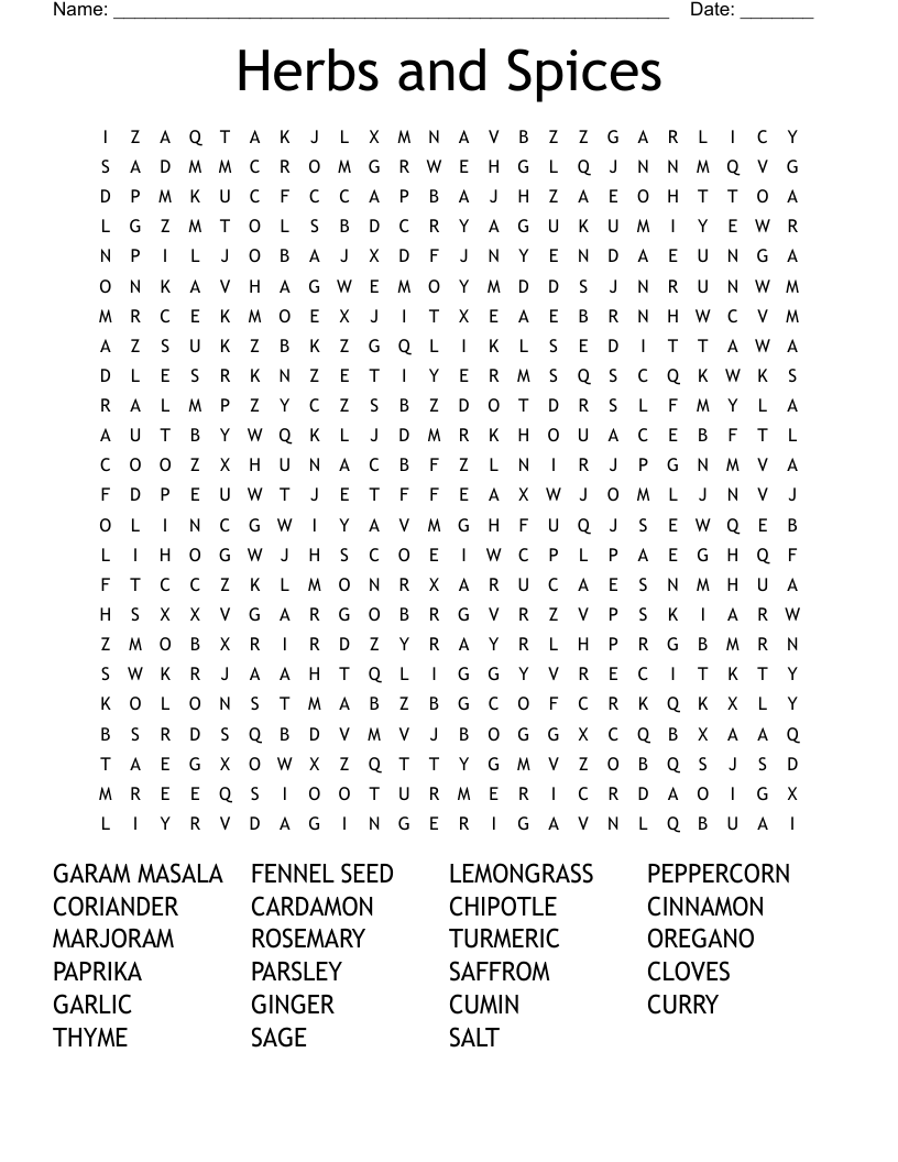 Herbs and Spices Word Search