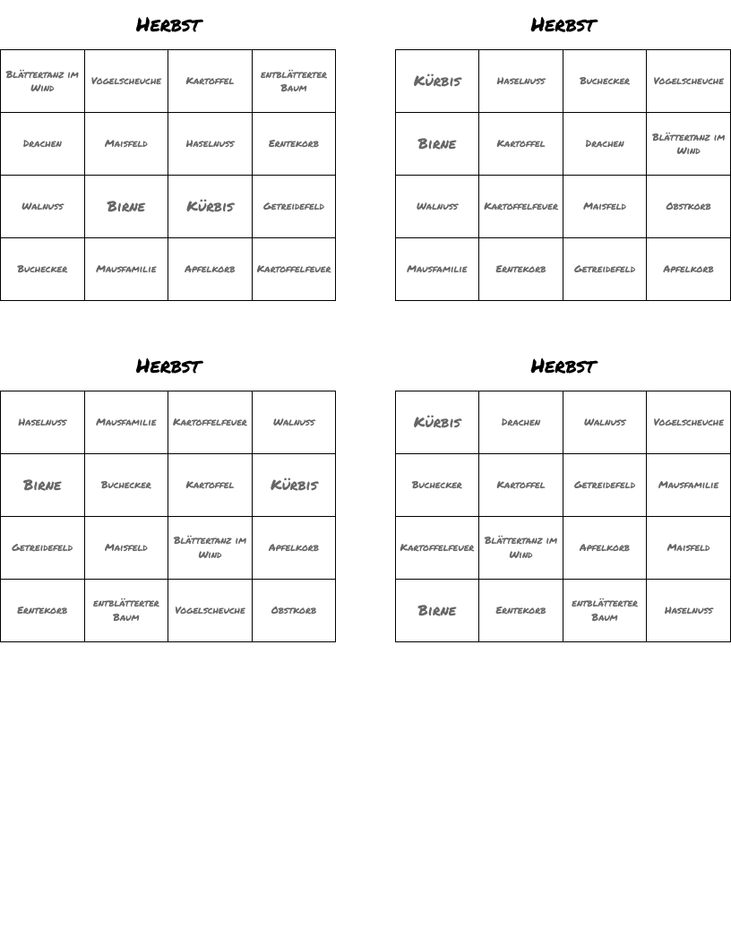 Herbst Bingo Cards