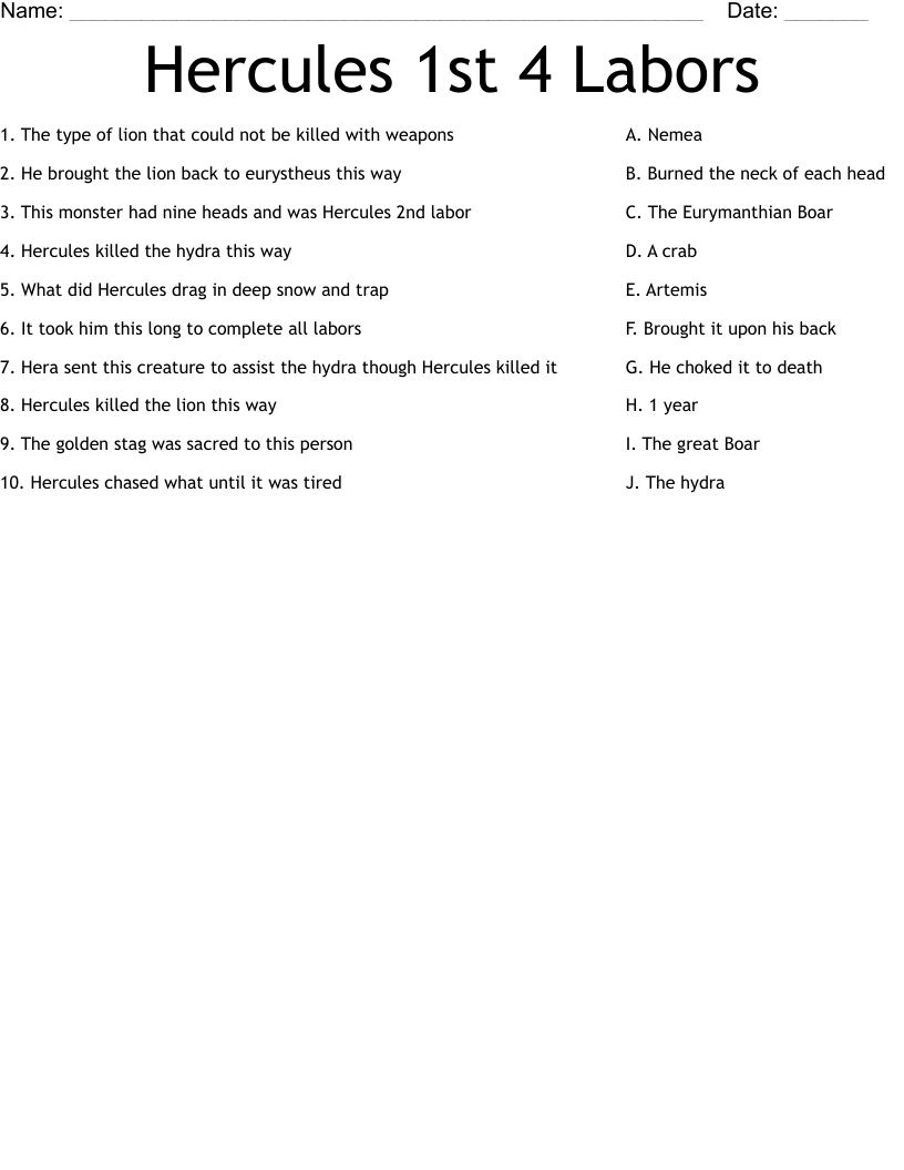 Hercules 1st 4 Labors Worksheet