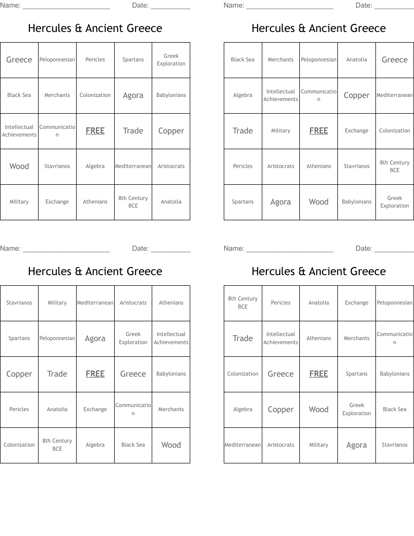 Hercules & Ancient Greece Bingo Cards