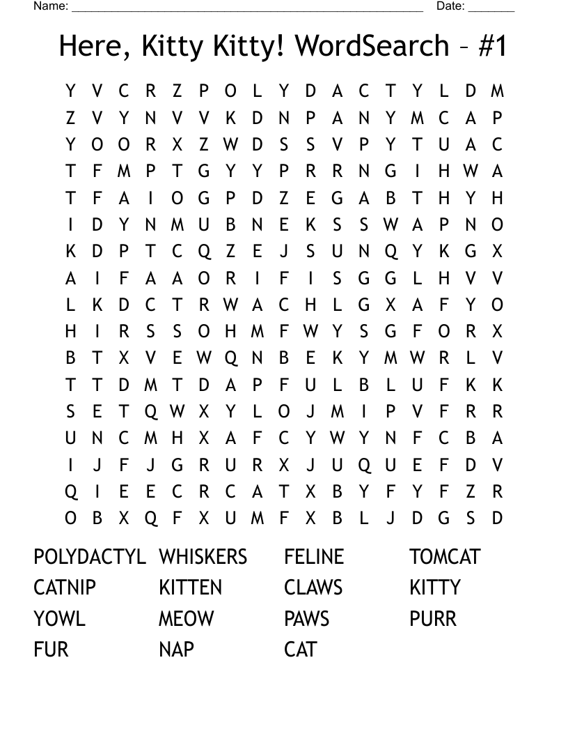 Here, Kitty Kitty! WordSearch – #1