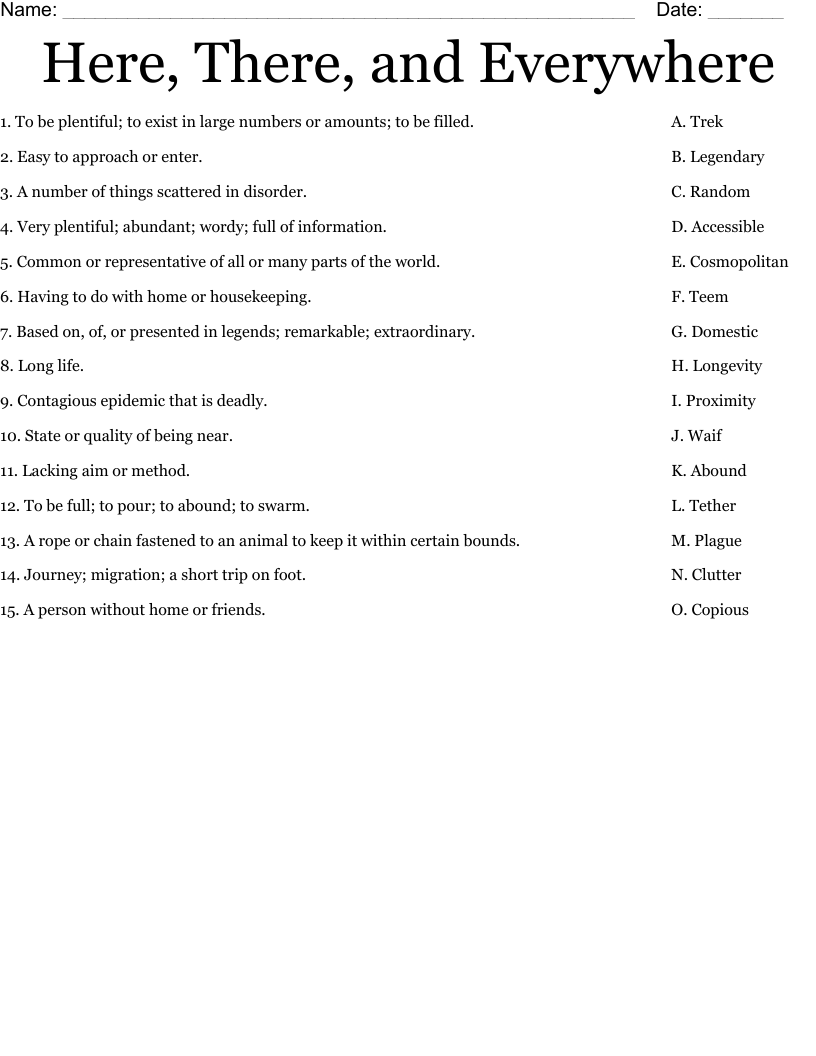 Here, There, and Everywhere Worksheet