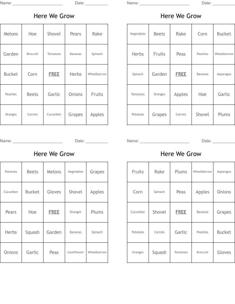 Here We Grow Bingo Cards