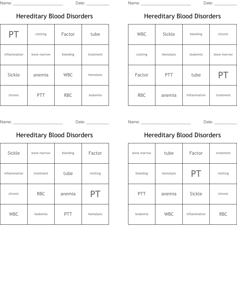 Hereditary Blood Disorders Bingo Cards