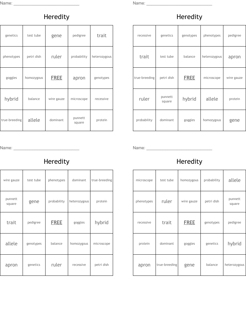 Heredity Bingo Cards