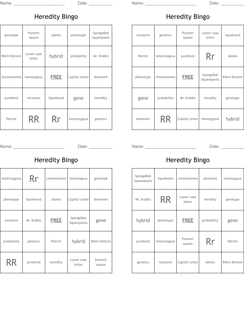 Heredity Bingo