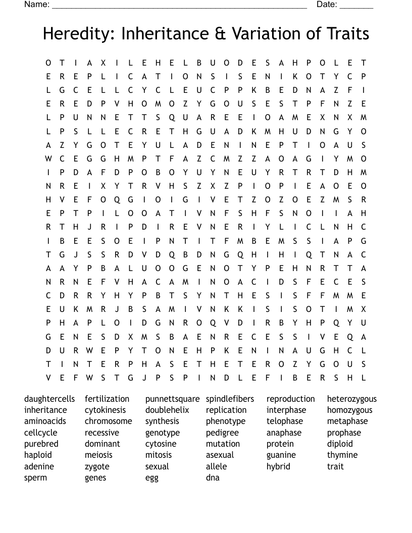 Heredity: Inheritance & Variation of Traits Word Search