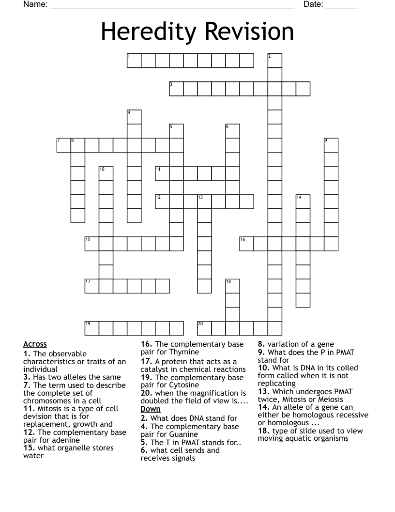Heredity Revision  Crossword