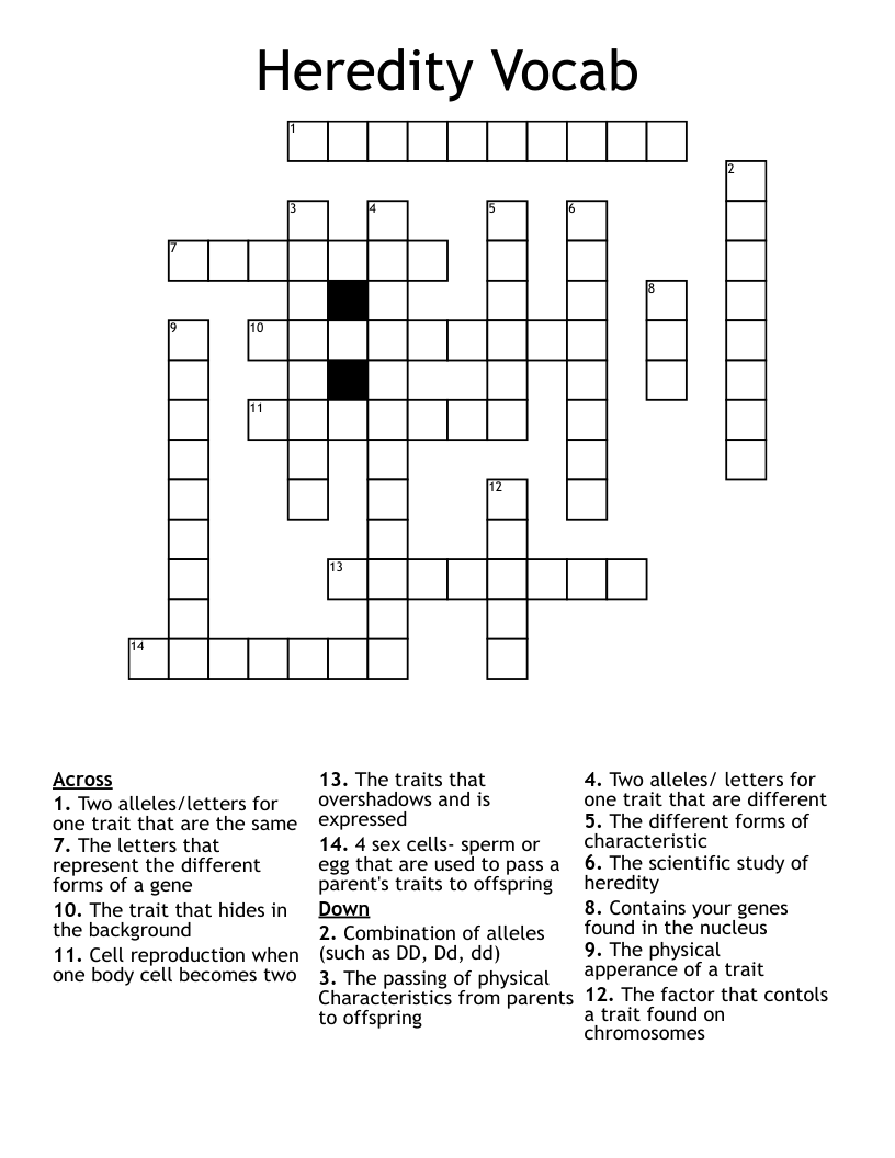 Heredity Vocab Crossword