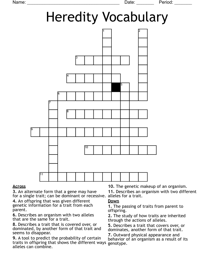 Heredity Vocabulary Crossword