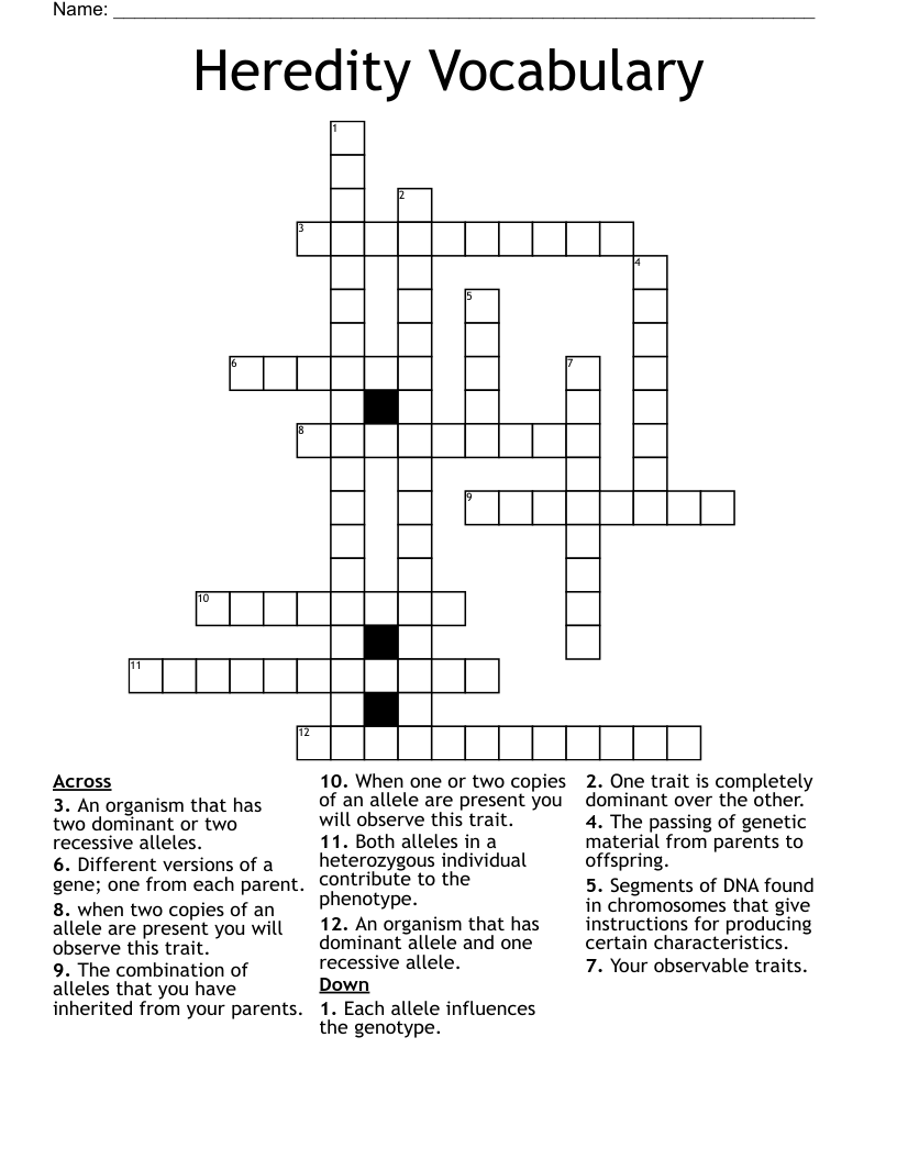 Heredity Vocabulary Crossword
