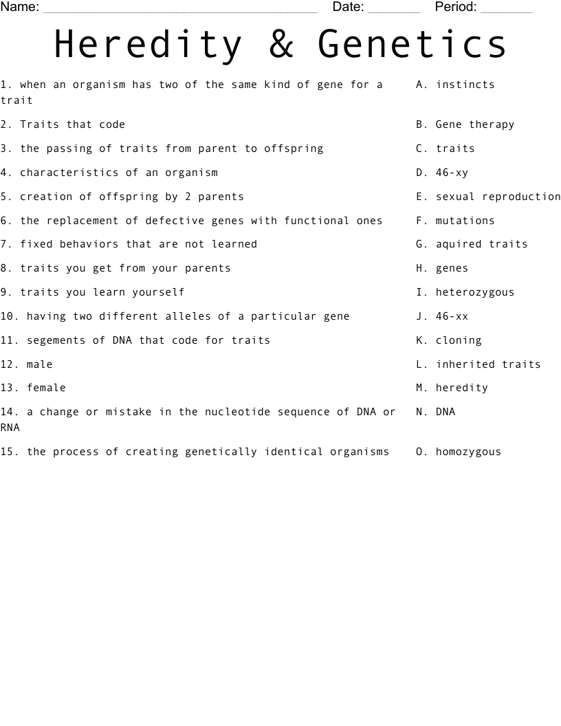 Heredity & Genetics Worksheet
