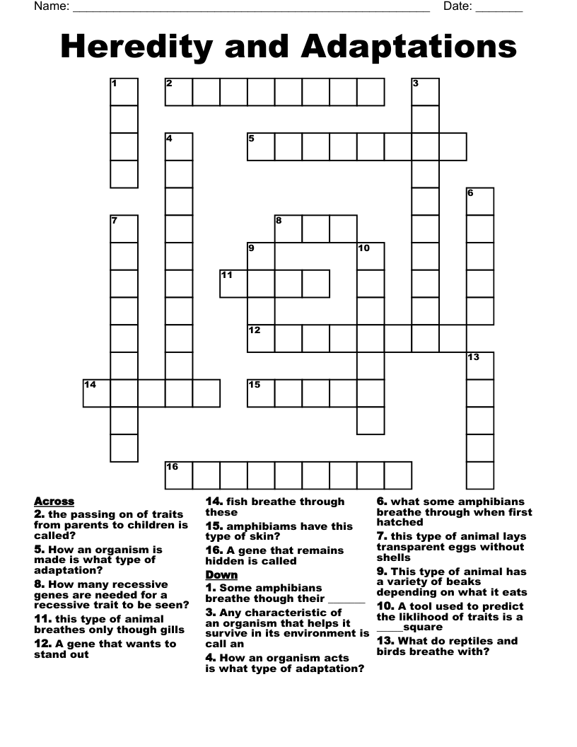 Heredity and Adaptations Crossword