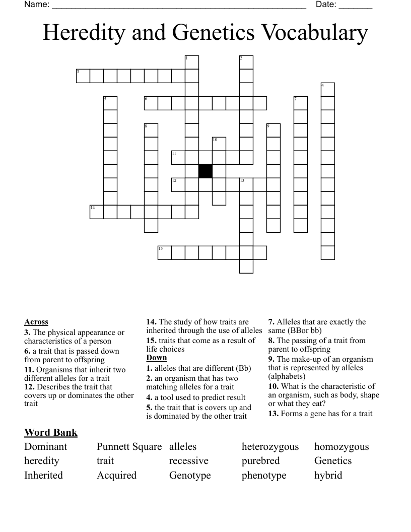 Heredity and Genetics Vocabulary Crossword