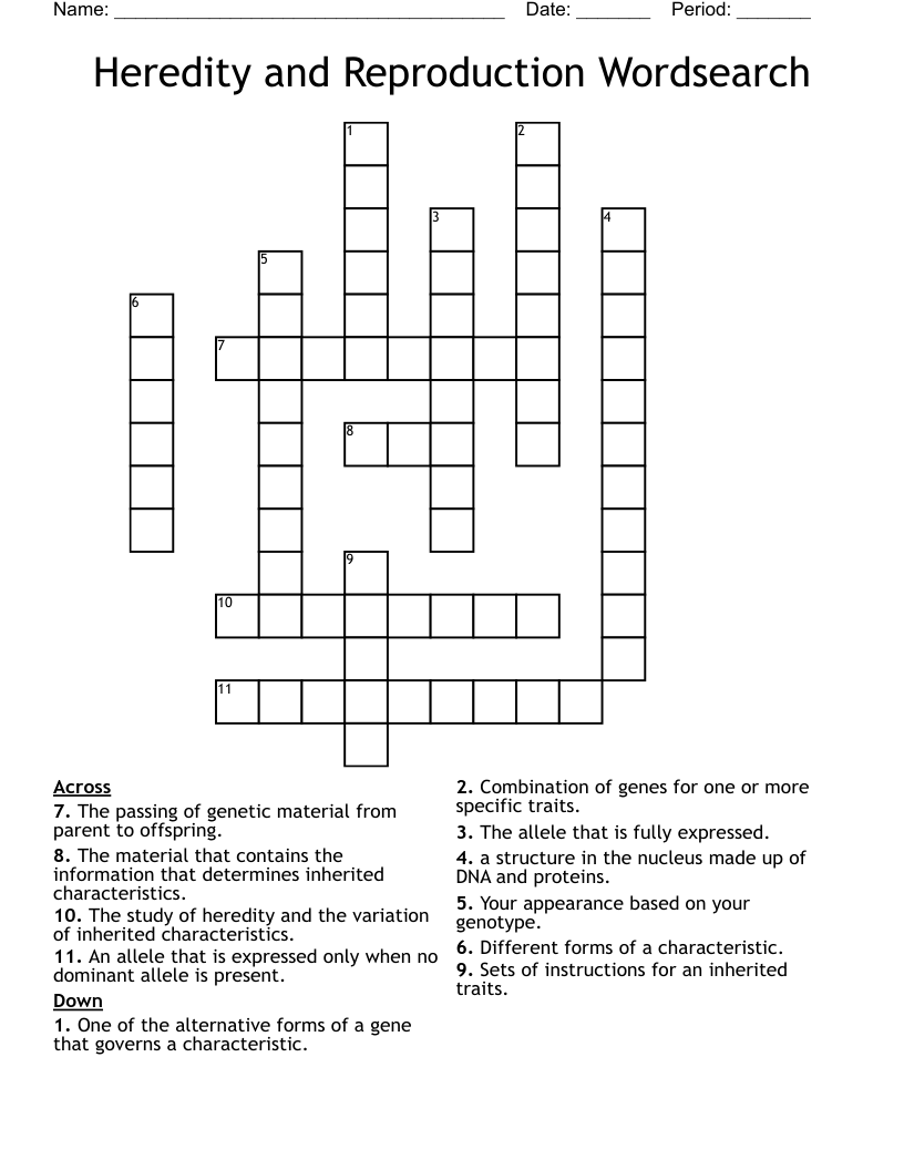 Heredity and Reproduction Wordsearch Crossword