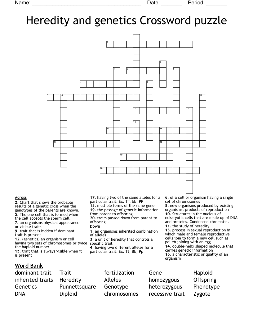 Heredity and genetics Crossword puzzle