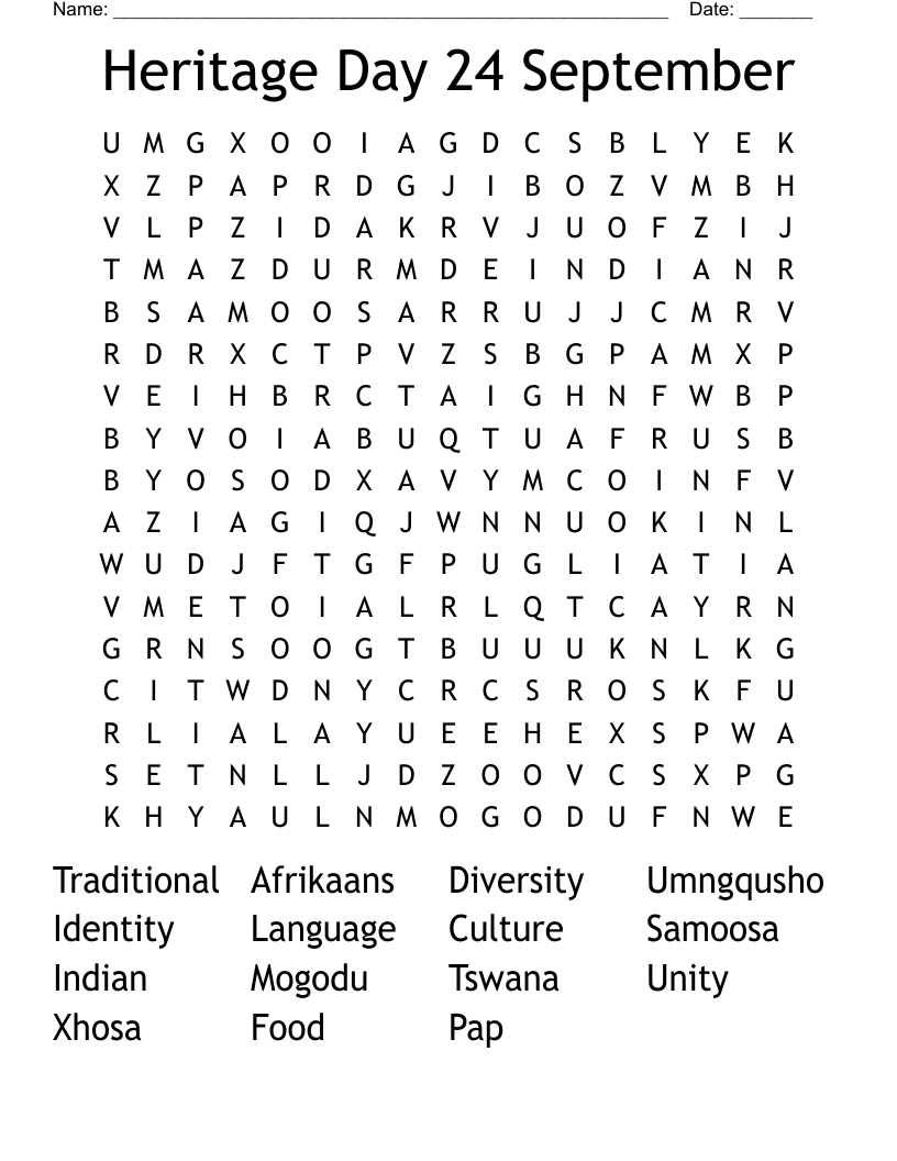Heritage Day 24 September Word Search