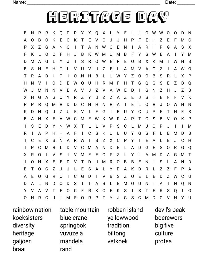 Heritage Day Word Search