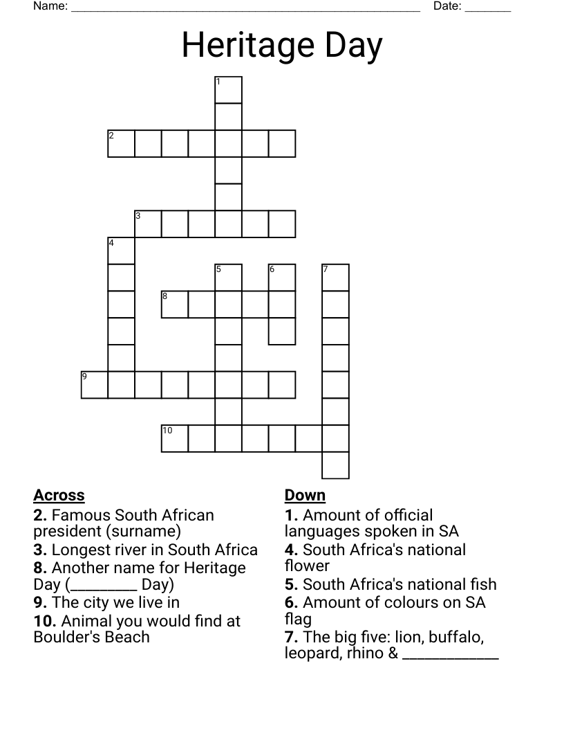 Heritage Day Crossword
